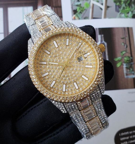 

r men diamond watches iced out watch fashion gold diamant dial 42mm day date mens wristwatches folding buckle montre de luxe, Slivery;brown