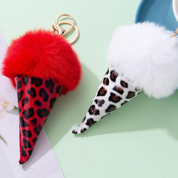 

fashion leopard cone key rings fluffy pompom ice cream keychains jewelry cartoon plush pendant women car keyfobs, Slivery;golden