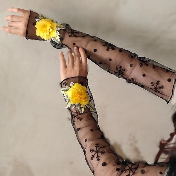 

five fingers gloves women summer long sun protection arm cover sleeves national style embroidery transparent fingerless fishnet sunscreen, Blue;gray
