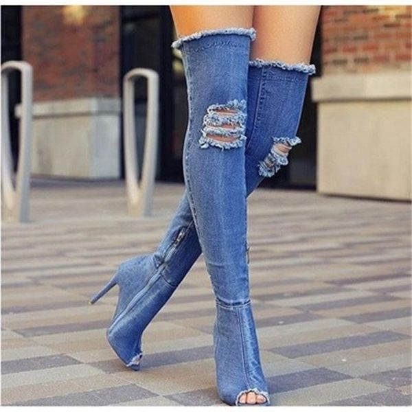 

boots women big size 40 41 denim high heels, Black