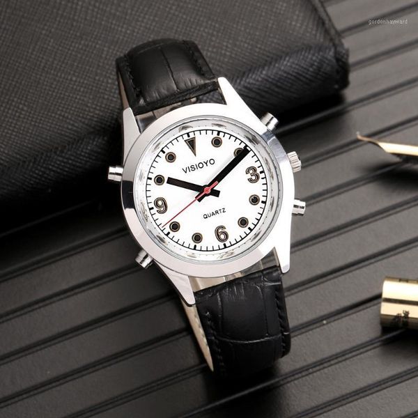 

spanish talking watch with alarm,white dial tssw-22s wristwatches, Slivery;brown