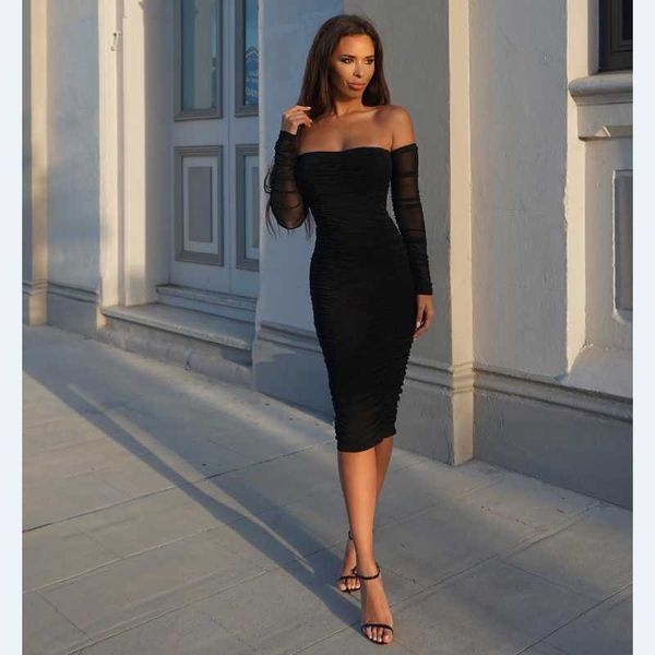 

casual dresses women autumn strapless backless long sleeve mesh bandage dress 2021 female bodycon vestidos mini club, Black;gray