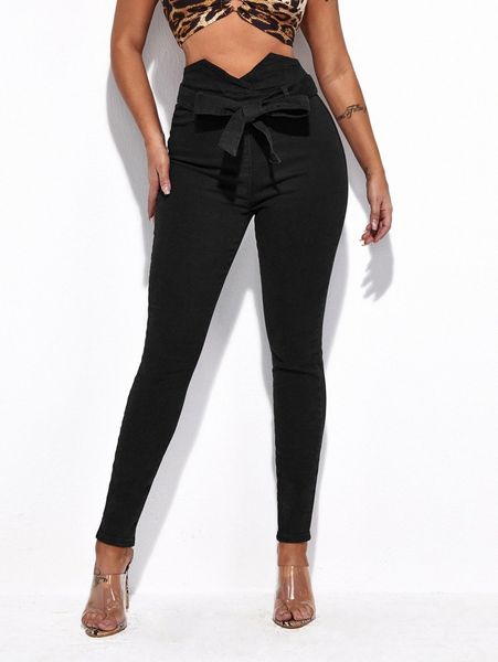 

curvy high waist belted skinny jeans 15tr#, Blue