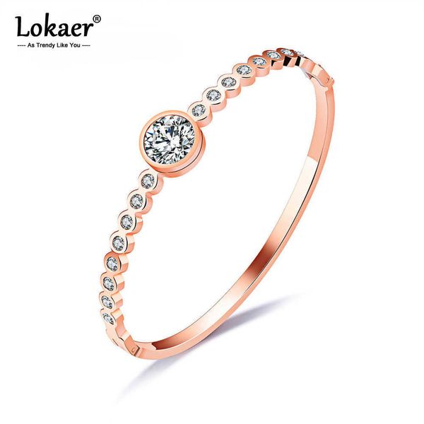 Lokaer Braccialetti aperti vintage color oro rosa per le donne Pave Cubic Zirconia Bracciale con ciondolo in acciaio inossidabile Gioielli B17072 Q0720