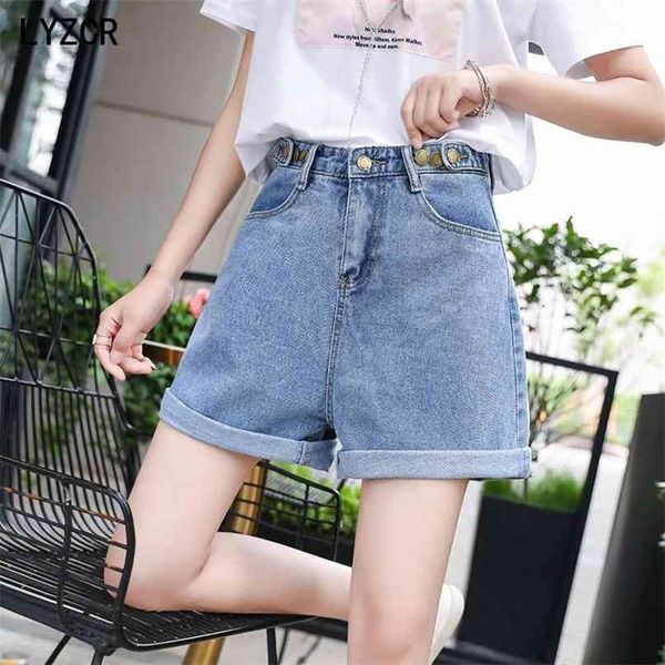 

lyzcr women's jeans shorts with high waist ladies summer wide leg denim short loose casual button 210724, White;black