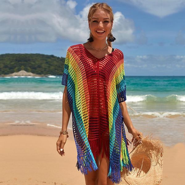 

women's swimwear 2021 boho rainbow striped gradient crochet bathing suit cover-ups plus size women summer beach wear swimsuit cover up, White;black