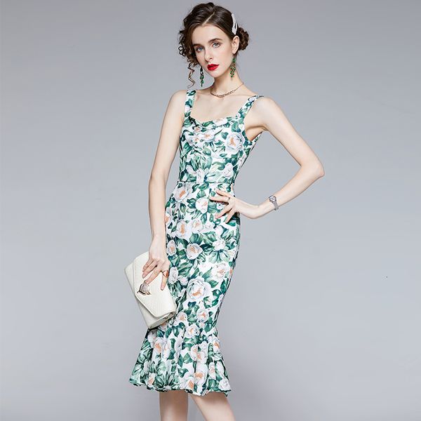 

casual dresses vintage print slim dress for women square collar sleeveless high waist floral trumpet female fashion rbtl, Black;gray