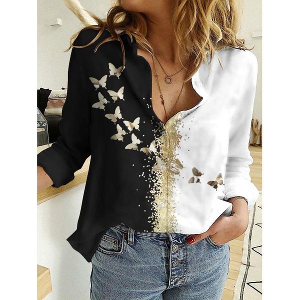 

women's blouses & shirts women blouse autumn print fashion casual button turn-down collar chiffon long sleeve plus size commuter cloth, White