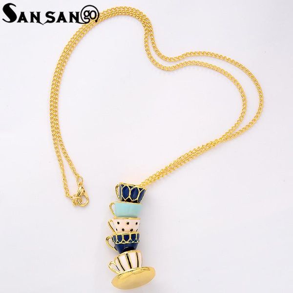 

tea cups stack pendant necklace for women men simulation enamel cup chain necklaces fashion jewelry, Silver