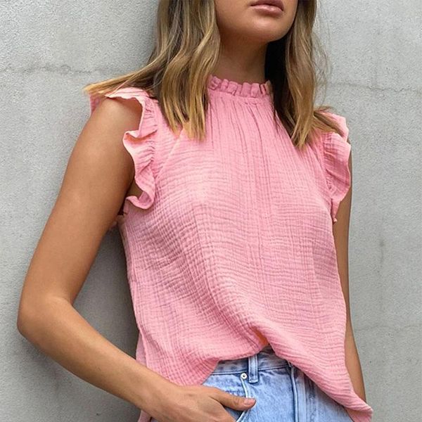 

women's blouses & shirts summer half high collar shirt women fashion elegant solid loose blouse female casual ruffled sleeveless pullo, White