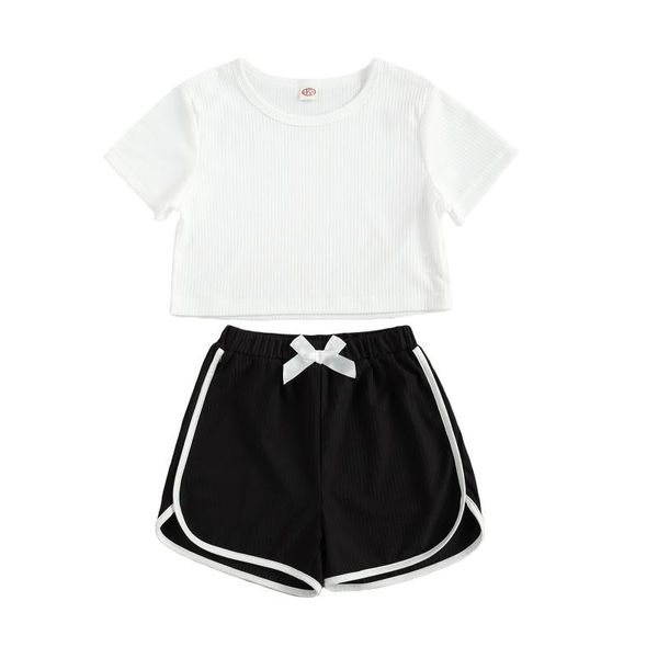 

little girls 6t-11t short sleeve set solid color ribbed and patchwork pants 2-piece suits clothing sets, White