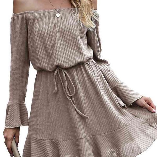 

women dress full length flare sleeve slash neck solid color sashes lace up high waist mini pleated polyester 210522, Black;gray