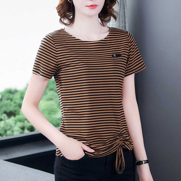 Bogen Kordelzug T-Shirt Frauen Gestreifte Applikationen Tops T-shirt Koreanische Mode s Kleidung Camisetas Mujer T-shirt Femme 210615