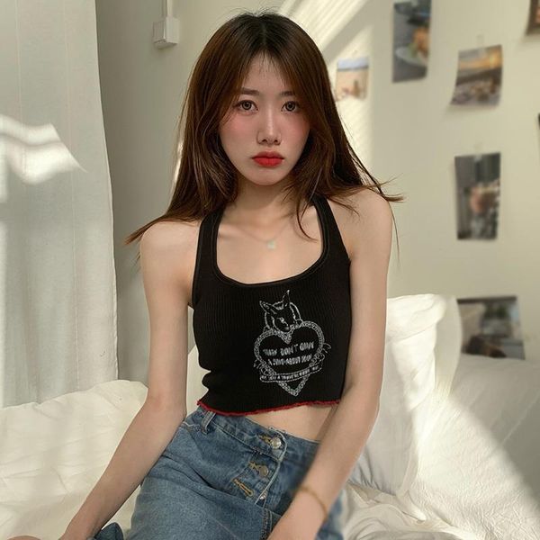 

women's tanks & camis women halter tank cartoon print cute 2021 summer white knitted slim top