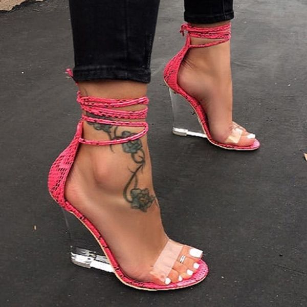 

fashion women sandals clear transparent wedges high heels shoes snake printed open toe ankle bandage lace up roman sexy, Black