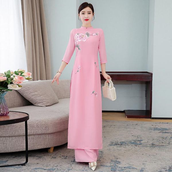

ethnic clothing 2021 woman aodai vietnam traditional ao dai flower print qipao dress set women dresses improved cheongsam, Red