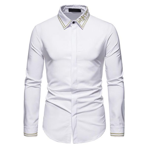 

men's casual shirts parklees 2021 autumn stylish embroidery formal for men bridegroom wedding slim dress white shirt tuxedo vintage clo, White;black