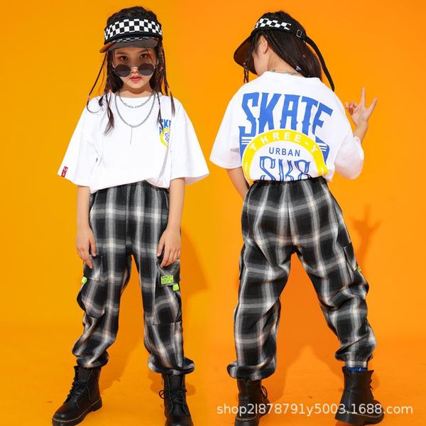 

clothing sets 2 pieces kids girls cropped white t shirt plaid joggers pants hip hop set jazz dance costumes ballroom dancing outfits