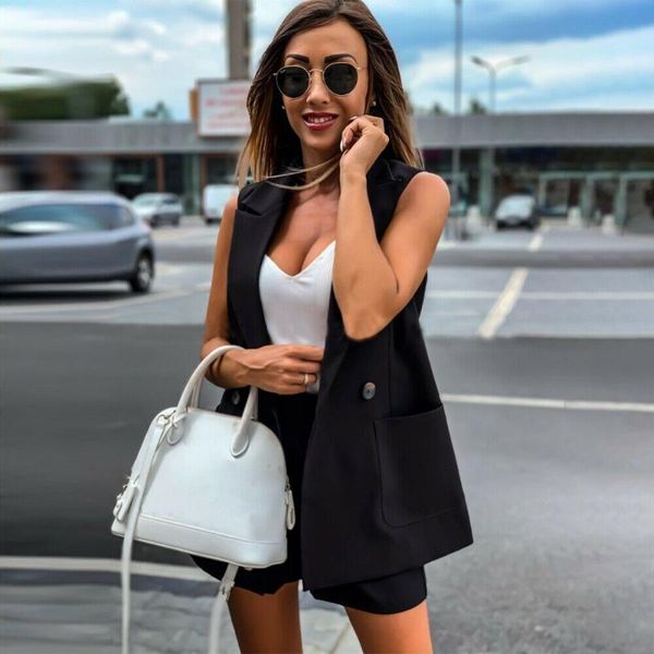 

women's tracksuits elegant office ladies suits sleeveless blazer and pocket short sets women two piece solid vest coat shorts woman 202, Gray