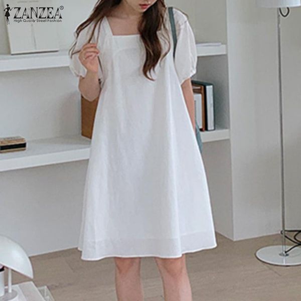 

casual dresses women's puff sleeve sundress 2021 zanzea stylish summer square neck dress knee length vestidos female solid robe plus si, Black;gray