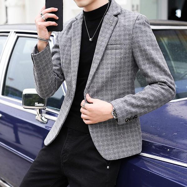

men's suits & blazers men british style printed plaid blazer masculino wedding business casual suit jacket streetwear social coat ropa, White;black