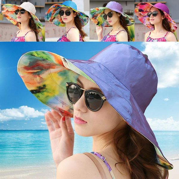 

wide brim hats bohemia style double-sided flower sun for women summer large anti-uv foldable beach hat female floppy, Blue;gray