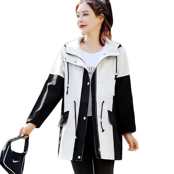

women's trench coats plus size women long hooded parka overcoat spring autumn windbreaker loose tooling outerwear female casual coat 4x, Tan;black