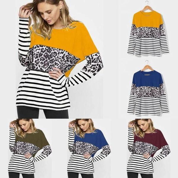 Plus Size Algodão Listrado Leopardo Blusa Mulheres Casuais O Neck Manga Longa Top Color Block Túnica Das Mulheres Camisas Elegantes Mulheres Blusas