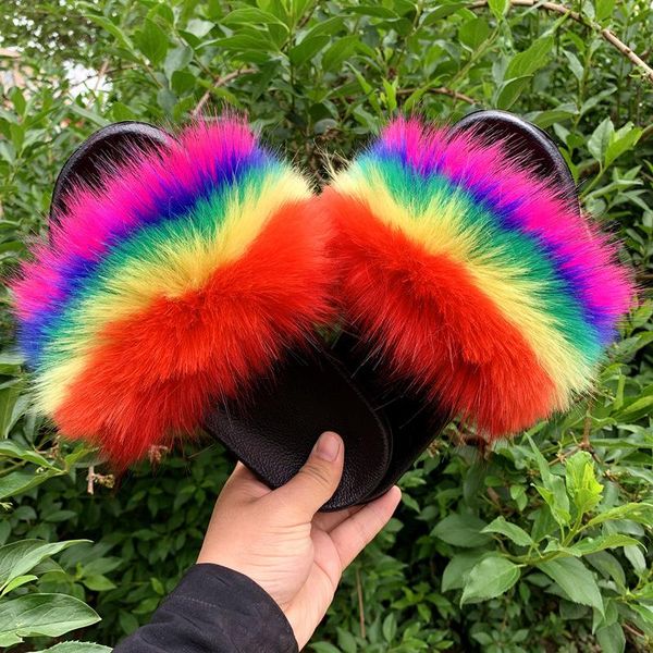 

slippers drop women 2021 fashion imitation fur female casual rainbow color fluffy ladies daily flat shoes, Black