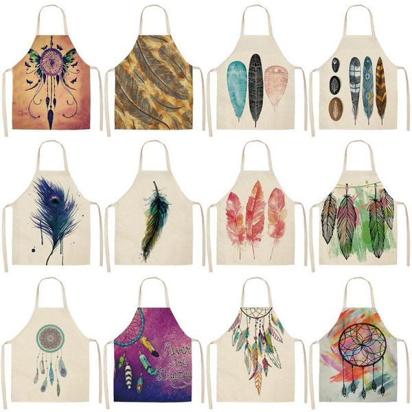 

1pc feather pattern kitchen aprons dinner party bbq cooking waist bib cotton linen funny pinafore cleaning tools 55x68cm