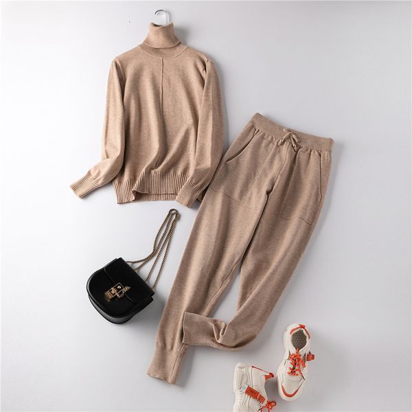 

Women's Two Piece Pants Women Knitted Tracksuit Turtleneck Sweater 2 Pieces Set Autumn Winter Pullovers Vertical Line And Elastic Feet, White