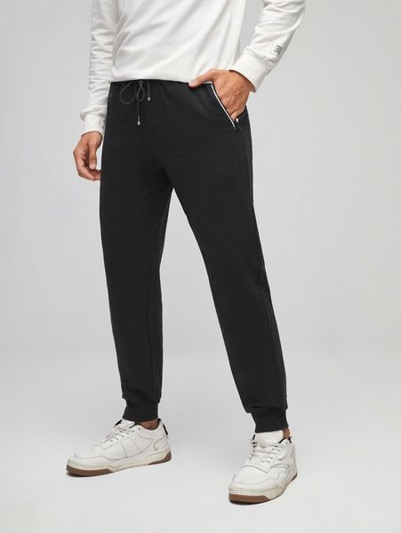 

men solid drawstring waist joggers e71d#, Black