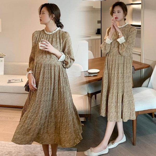

good quality spring pregnant women beautiful dress long sleeve o-neck maternity pleated plus size pregnancy printing dresses, White