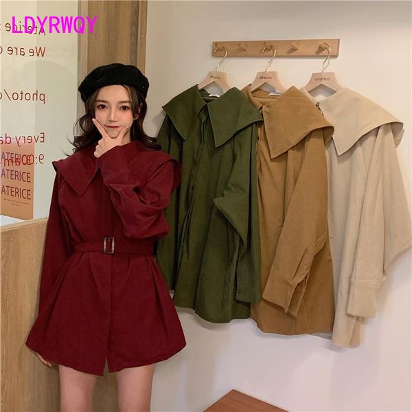 

casual dresses 2021 retro solid color lapel waist loose dress knee-length turn-down collar button office lady, Black;gray
