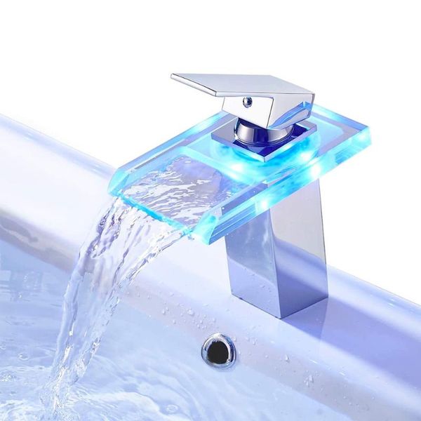 

bathroom sink faucets led basin faucet brass waterfall temperature colors change mixer tap deck mounted wash glass taps