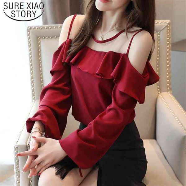 

casual off shoulder solid long sleeve chiffon blouse blusas mujer de moda autumn women and 6756 50 210506, White