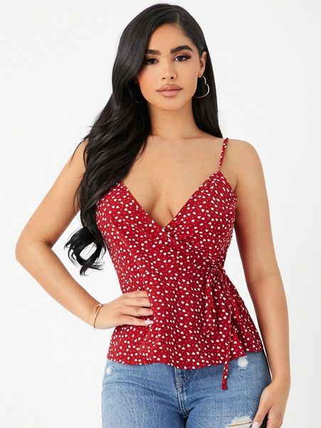 

allover heart print wrap knot detail cami q9aa#, White