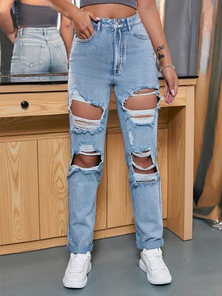 

ripped detail rolled hem jeans r3uv#, Blue