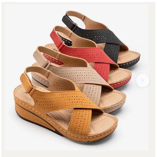 

sandals women summer shoes woman sewing hollow out wedges casual female pu leather ladies comfortable retro sandalis, Black