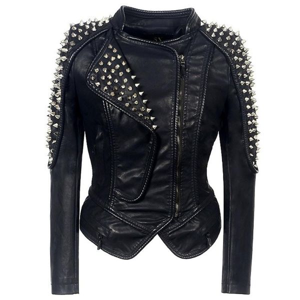 

s-6xl womens biker leather jacket waist lapel collar multi-zip shrug studded rivet punk motorcycle outwear black plus size women's & fa
