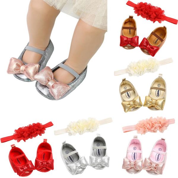 

first walkers infant baby girls shoes headband, kids anti-slip pu leather shoes+ solid color flower headwear
