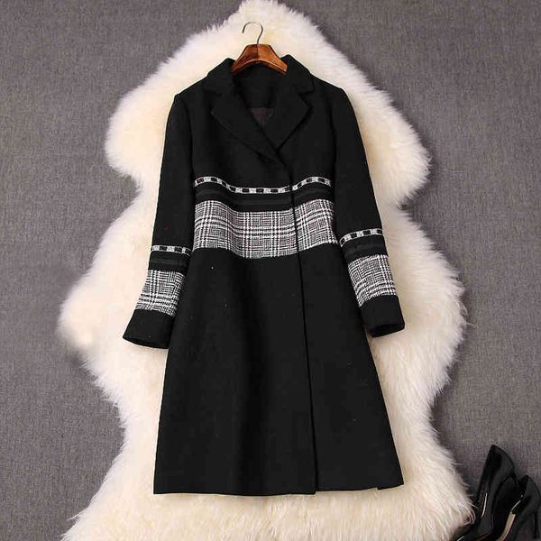 

women's wool & blends autumn winter black long sleeve notched-lapel houndstooth panelled beaded woolen coat fashion casual outwear coat