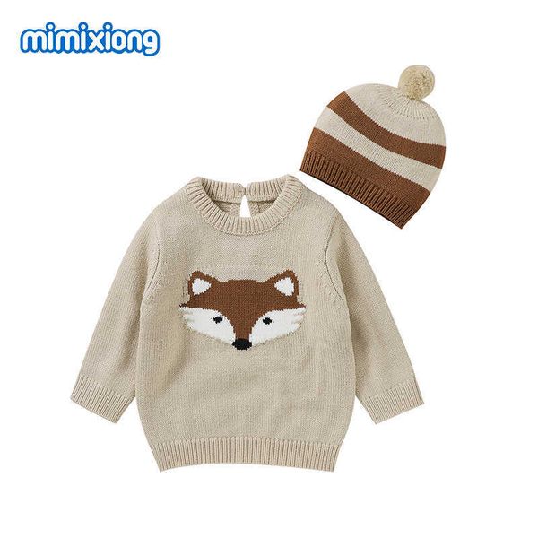 Maglioni per bambini Neonato Cute Fox Pattern Maglioni Pullover Autunno Inverno Warm Knit Infant Boy Girl Maglieria Top Caps 2 pezzi Abiti Y1024