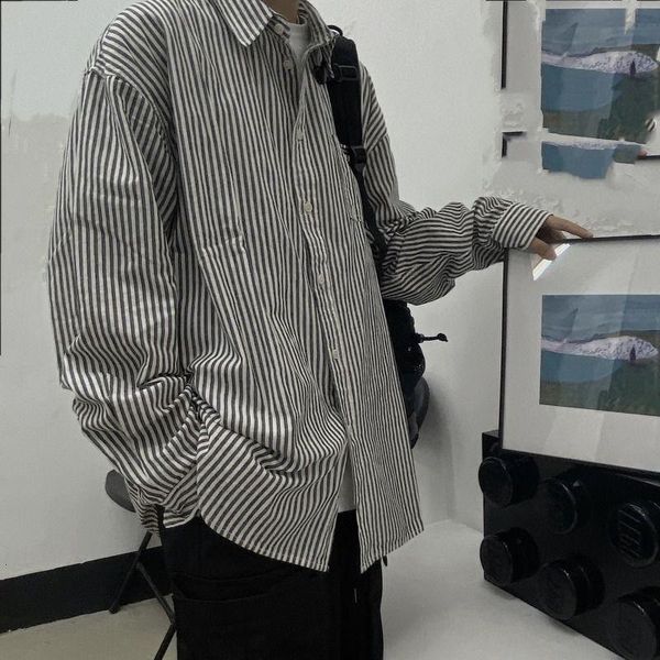 

striped long sleeve shirts men's all-match casual embroidery classic coat four seasons loose male clothes work outfit shirt, White;black