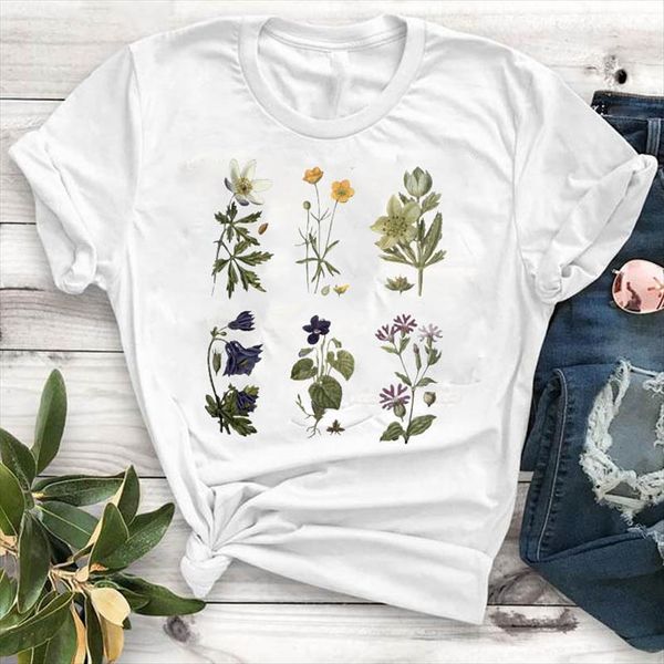 

flowers plant printed womens t shirt short sleeve loose tee clothes graphic, White