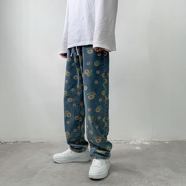 

men's jeans fall 2021 fashion pants casual daisy print hip hop baggy straight logo, Blue