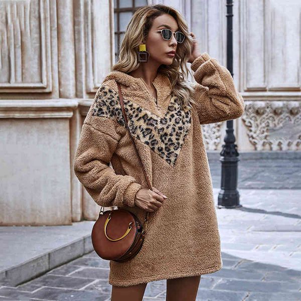 

teddy cashmere leopard fleece dress women casual patchwork thick warm winter plush oversize dress for women new 210414, Black;gray