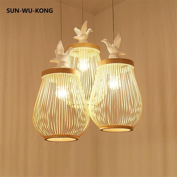 

pendant lamps modern wood led lights bird lamp japanese hand made bamboo hanging bedroom living room lighting furniture