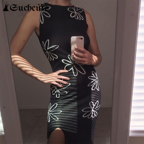 

casual dresses floral print vintage knitted bodycon long dress for women y2k spring summer split backless beach midi ndam, Black;gray