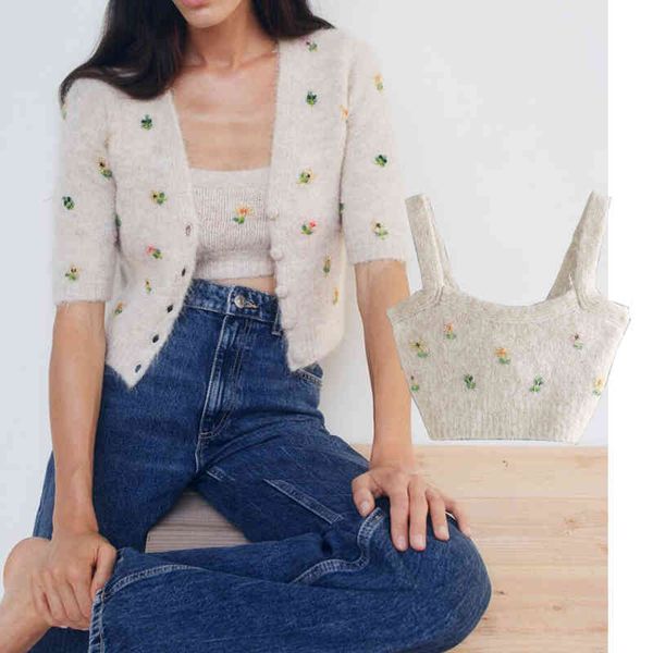 

tank women's fashions autumn flowers beads styling girl slings turtleneck short mesh pullovers sweater, White